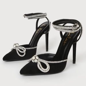 Lulu’s Black Suede Rhinestone Ankle Strap Pointed-Toe Pumps